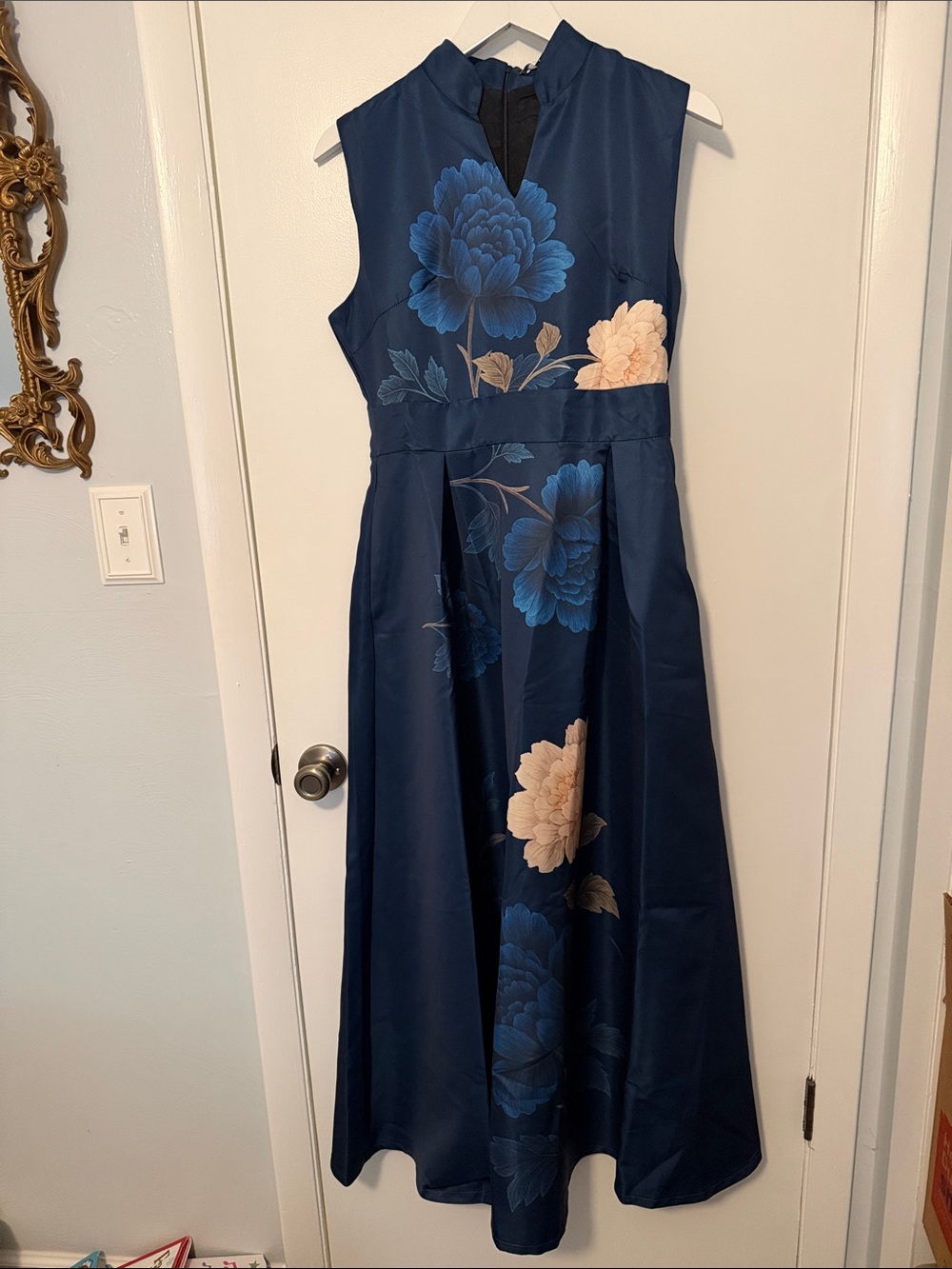 Navy Floral Satin Tie Waist Maxi Dress with Blue and Cream Peony Blooms - Picture 2 of 11
